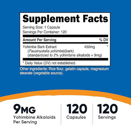 Nutricost Yohimbe Bark Extract 450mg (9mg Yohimbine Alkaloids), 120 Capsules - Extra Strength, Gluten Free, Non-GMO