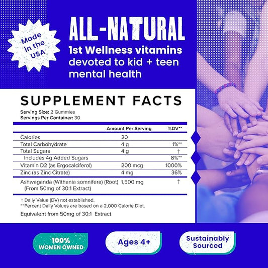 Relax - All Natural & Vegan Calm and Relaxation Gummies for Teens and Kids with Ashwagandha, Vitamin D2, and Zinc - Cherry Flavored - 60/ct