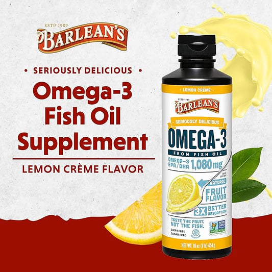 Barlean's Lemon Crème Omega 3 Fish 1080mg of 3 EPA 16 oz