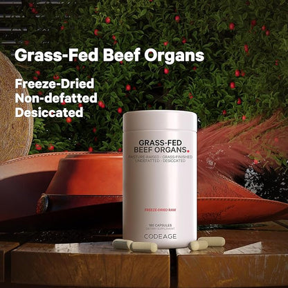 Codeage Grass Fed Beef Organs Supplement – Glandulars Supplements - Freeze Dried, Non-Defatted, Desiccated Liver, Heart, Kidney, Pancreas & Spleen Bovine Pills – Beef Vitamins - Non-GMO -180 Capsules