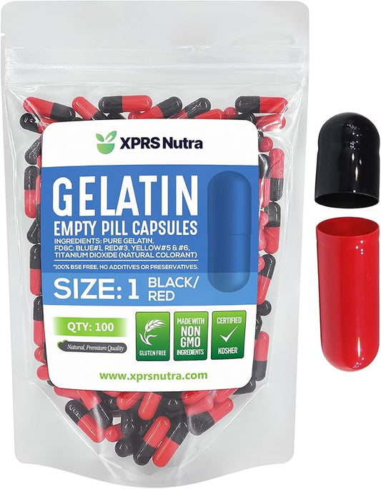 XPRS Nutra Size 1 Empty Capsules - 100 Count Colored Empty Gelatin Capsules - Empty Pill Capsules - DIY Supplement Capsule Filling - Fillable Color Gel Caps Pills (Black/Red)