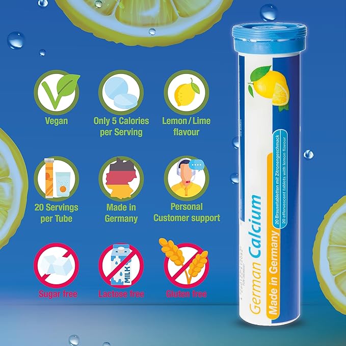 German Calcium 60 Drink Effervescent Tablets - Lemon Lime Flavour - 500 mg Calcium, Sugarfree, Vegan- T&D Pharma – Made in Germany