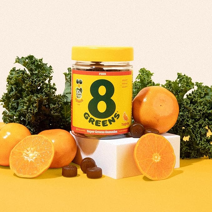 8Greens Daily Fiber Super Greens Gummies - Tangerine Flavor: Boost Immune System & Digestive Health with 8 Real Greens - Non-GMO Formula, Chewables, 50 Vegan Gummies, Pack of 3