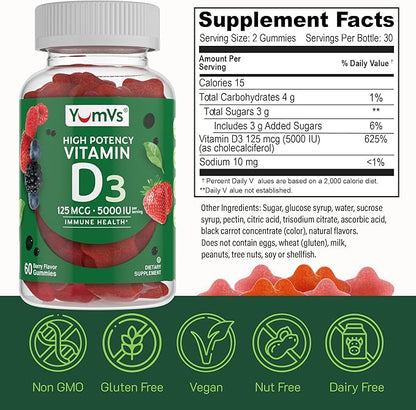Vitamin D3 Jellies by YumV's | Vitamin D 5000 IU | Daily Dietary Supplement for Men and Women | Mixed Berry Flavor Chewable Jellies | Vegetarian, Gluten-Free, Kosher, Halal | 60 Count