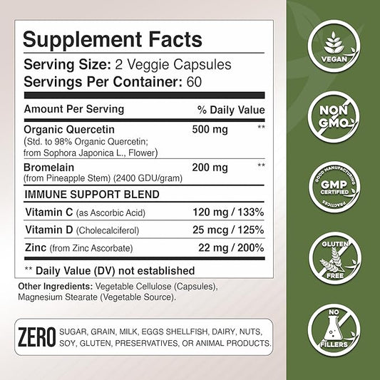 Organic quercetin, Quercetin with Bromelain, quercetin 500mg, quercetin d3, zinc