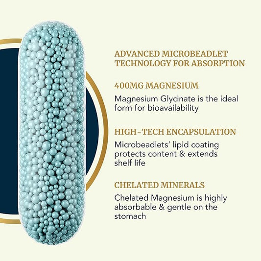 Magnesium Glycinate Supplement | Advanced Microbeadlets | Chelated for Maximum Absorption | 400mg Magnesium Bisglycinate Powder Per Serving | TRAACS Chelate System | for Women & Men | 60 Capsules