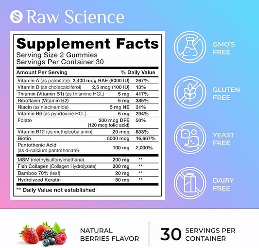 Biotin Collagen Gummies – Hair Skin B1, B2, B2, B3, B3, B5, B5, B7, B7, B9, B9, B12, B12, Collagen, 60 Gummy
