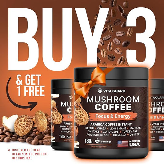 10-Mushroom Blend Coffee | Lion's Mane, Cordyceps, Reishi & More | Rich Arabica Instant Coffee with Coconut Powder | Boost Focus & Immune System