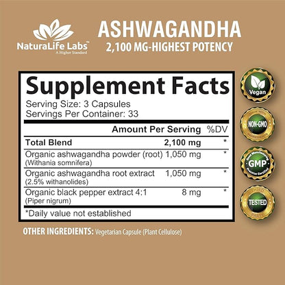 Organic Ashwagandha 2,100 mg 100 Vegan
