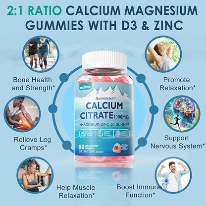 Calcium Citrate 1000mg, Calcium Gummies with Calcium & Magnesium 2:1 Ratio, Plus Vitamin D3, Zinc, B6 & Potassium – High Absorbable Calcium Chewable, Bone & Muscle Support, Vegan, Sugar-Free, 120Cts
