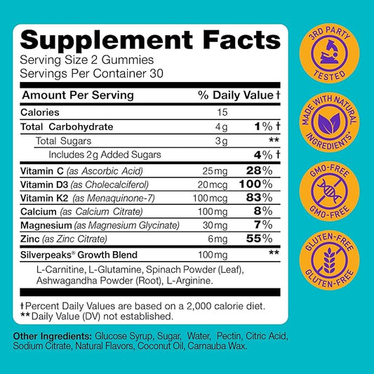 Height Growth Gummies for Kids - Growth Vitamins for Teens Height Growth Supplement - Height Growth for Kids with Calcium, Vitamin D, C, K2, Magnesium & Zinc - Natural Height Growth Maximizer - 60 PCS