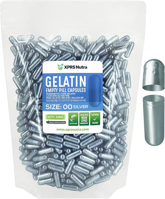 XPRS Nutra Size 00 Empty Capsules - 1000 Count Empty Gelatin Capsules - Empty Pill Capsules - DIY Capsule Filling - Fillable Pill Capsules Empty Gel Caps (Silver)