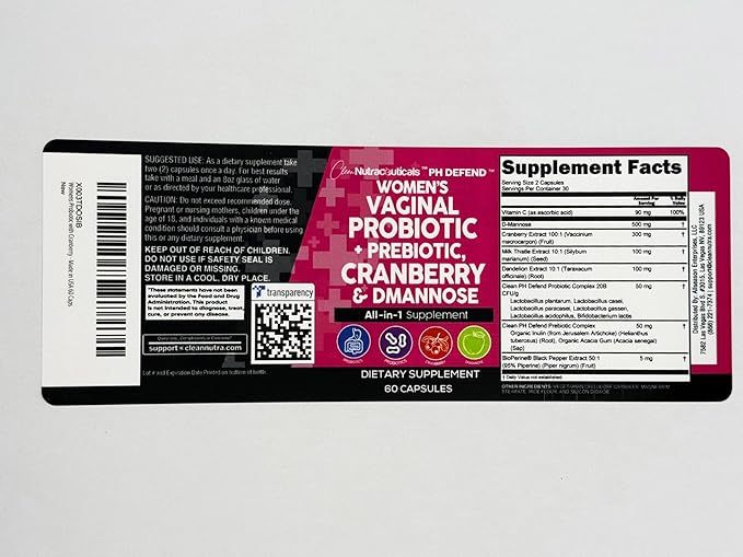 Clean Nutraceuticals Vaginal Probiotics for Women + Prebiotics 20 Billion Cranberry Pills w/D-Mannose 500 mg for Urinary Tract Health pH Balance - for Vaginal Health Supplements Pills - 1 Pack