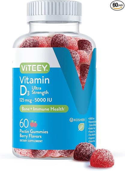 Vitamin D3 Gummies for Adults & Teens - 5,000 IU, 125mcg, Ultra Strength - Joint & Muscle Health, Immune Boost - Chewable Vitamin D Gummies - Vegetarian, Gelatin Free - Tasty Berry Flavored Gummy