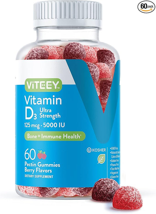 Vitamin D3 Gummies for Adults & Teens - 5,000 IU, 125mcg, Ultra Strength - Joint & Muscle Health, Immune Boost - Chewable Vitamin D Gummies - Vegetarian, Gelatin Free - Tasty Berry Flavored Gummy