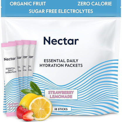 Nectar Hydration Packets - Electrolytes Powder Packets - No Sugar or Calories - Organic Fruit Liquid Daily IV Hydrate Packets for Dehydration Relief & Rehydration (Strawb. Lemon 18 Pack)