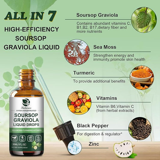 (2 Pack) Soursop Graviola Leaf Extract Liquid Drop Plus Pure Botanical Sea Moss for Cell Support & Regeneration, Immunity, Liver, Zzz & Antioxidant - Soursop Bitters Liquid, 2 Month Supply, 1 Fl Oz