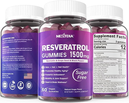 Resveratrol Gummies 1500mg - Sugar Free Resveratrol Supplement with Quercetin, Grape Seed, Acai Berries Extracts Support Antioxidant, Healthy Aging & longevity, Skin, Joint, Brain Wellness - 2Pack