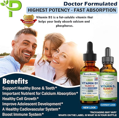 Power By Naturals Vitamin D3 Liquid Drops 10000 IU - High-Potency Vitamin D3 for Adult Bone Strength & Immune Support - Gluten-Free, Non-GMO, Sugar-Free Vitamin - Orange Flavor, 1 fl Oz (30 Servings)