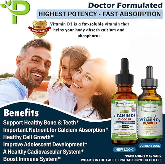 Power By Naturals Vitamin D3 Liquid Drops 10000 IU - High-Potency Vitamin D3 for Adult Bone Strength & Immune Support - Gluten-Free, Non-GMO, Sugar-Free Vitamin - Orange Flavor, 1 fl Oz (30 Servings)