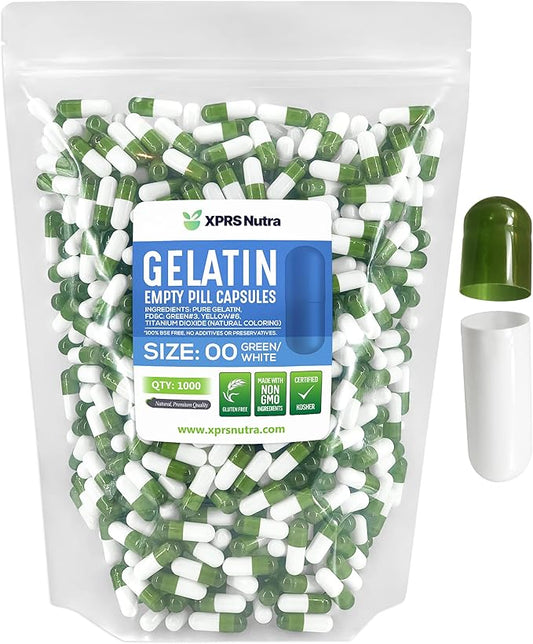 XPRS Nutra Size 00 Empty Capsules - 1000 Count Empty Gelatin Capsules - Empty Pill Capsules - DIY Capsule Filling - Fillable Pill Capsules Empty Gel Caps (Green/White)