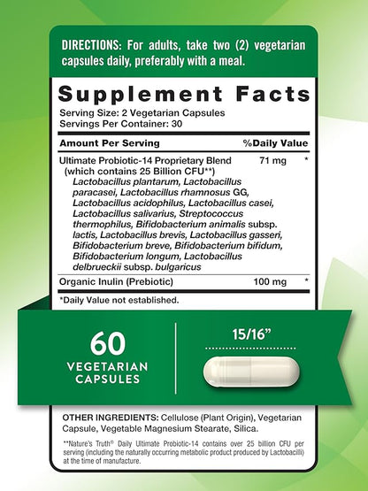 Nature's Truth Probiotics for Men and Women | 25 Billion CFU | 60 Capsules | 14 Strains | Non-GMO & Gluten Free Digestive Health Supplement