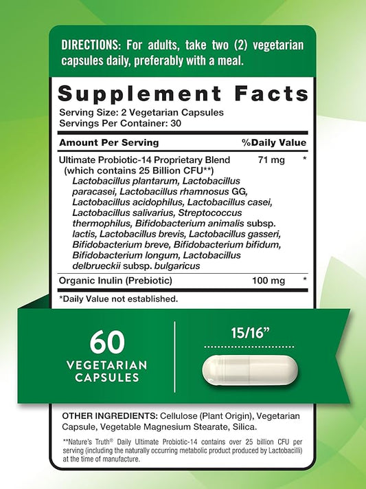 Nature's Truth Probiotics for Men and Women | 25 Billion CFU | 60 Capsules | 14 Strains | Non-GMO & Gluten Free Digestive Health Supplement
