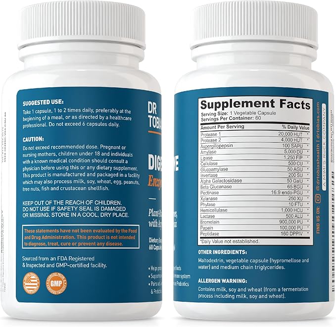 Dr. Tobias Digestive Enzymes with Amylase, 18 Enzymes 60 Capsules, 30 Servings