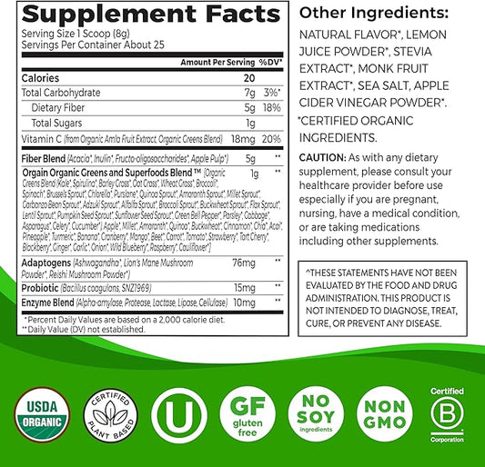 Orgain Organic Wonder Gut Fiber Supplement Powder, 5 in 1 Blend with 1 Billion Probiotics, Greens, Vitamin C, Adaptogens for Gut Health and Immune Support, Non-GMO, Strawberry Lemonade, 7.05 oz
