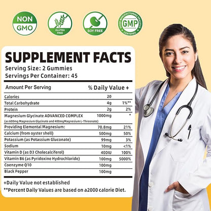 90 CT Magnesium Glycinate Gummies 1000mg B6, CoQ10 CoQ10 for 90 Mango