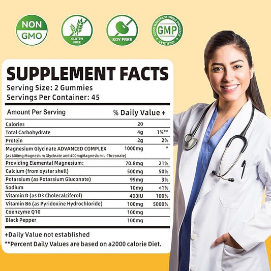 90 CT Magnesium Glycinate Gummies 1000mg B6, CoQ10 CoQ10 for 90 Mango