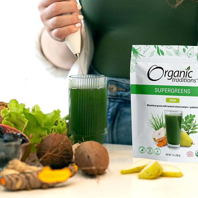 Organic Traditions Super Greens Powder Superfood with Turmeric, Pear Flavored Organic Greens Superfood Powder, 200g / 7oz Bag
