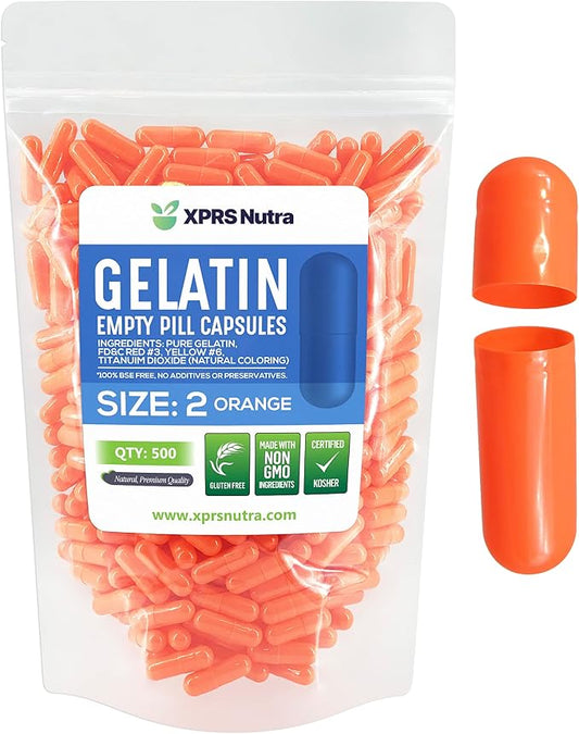 XPRS Nutra Size 2 Empty Capsules - 500 Count Empty Gelatin Capsules - Empty Pill Capsules - DIY Capsule Filling - Pure Bovine Pill Capsules Empty Gel Caps (Orange)