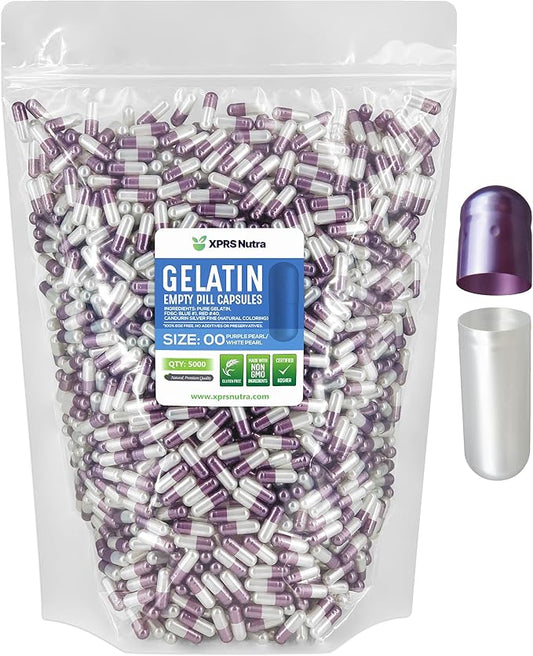 XPRS Nutra Size 00 Empty Capsules - 5000 Count Empty Gelatin Capsules - Empty Pill Capsules - DIY Capsule Filling - Fillable Pill Capsules Empty Gel Caps (Purple Pearl/White)