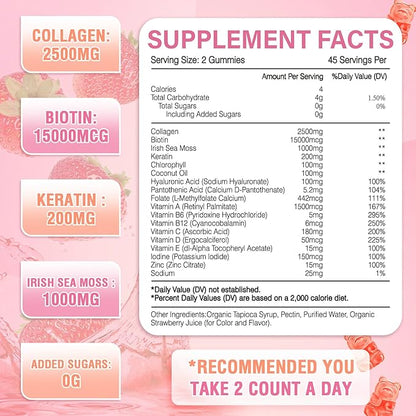 180 Count Collagen Gummies 2500mg Collagen Protein Type I II III V X with 15000mcg Biotin Vitamins C A B D E Keratin Hyaluronic Acid for Hair Skin Nails Joint Immune Digestion for Women Men Sugar Free