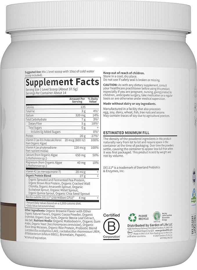 Garden of Life Organic Vegan Protein 20g Plant D3, K2 K2 MK-7 MK-7 & 14 Servings