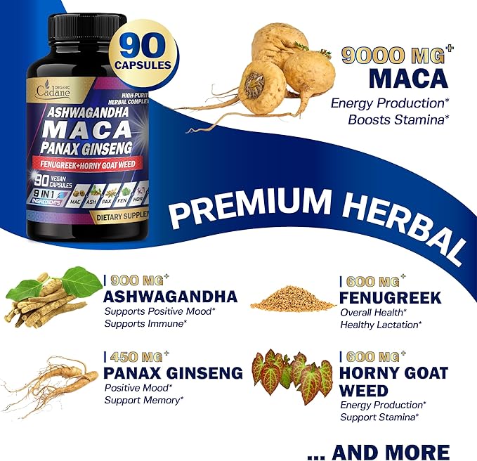 Organic Cadane Maca Root 9000mg Ashwagandha 900mg Panax 450mg Supplement 90 Capsules 3 Months