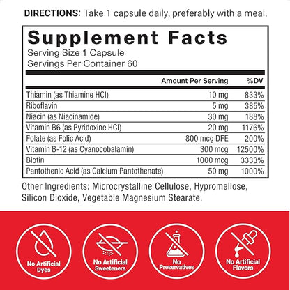 FORCE FACTOR Vitamin B Complex to B1, Vitamin B2, Vitamin B3, Vitamin B6, Vitamin B12, and 60 Vegetable