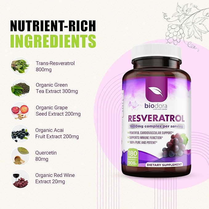 Resveratrol 1600mg, Trans-Resveratrol Antioxidant Supplement 180 Capsules