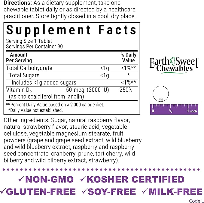 Bluebonnet Nutrition Earth Sweet Vitamin D3 2000 IU Chewable Tablets, Aids in Muscle and Skeletal Growth, D3, Non GMO, Gluten, Free, Soy Free, Milk Free, Kosher, 90 Chewable Tablets, Raspberry Flavor