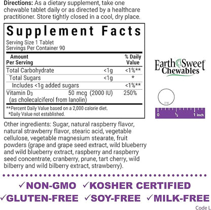 Bluebonnet Nutrition Earth Sweet Vitamin D3 2000 IU Chewable Tablets, Aids in Muscle and Skeletal Growth, D3, Non GMO, Gluten, Free, Soy Free, Milk Free, Kosher, 90 Chewable Tablets, Raspberry Flavor