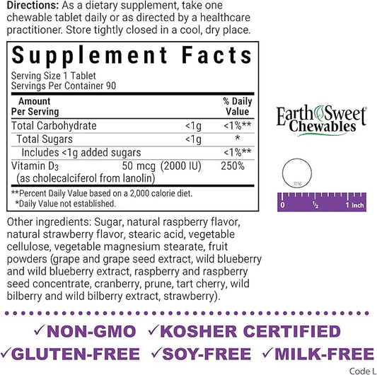 Bluebonnet Nutrition Earth Sweet Vitamin D3 2000 IU Chewable Tablets, Aids in Muscle and Skeletal Growth, D3, Non GMO, Gluten, Free, Soy Free, Milk Free, Kosher, 90 Chewable Tablets, Raspberry Flavor