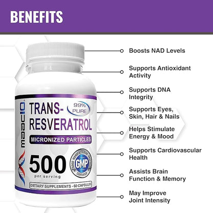 MAAC10 Trans Resveratrol 500mg Supplement (Micronized 99% Pure (2X 250mg 250mg Capsules 60ct)
