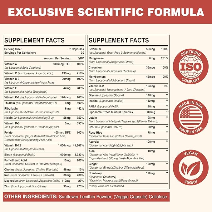 Liposomal Multivitamin for Women 50+ 33 Ingredients, CoQ10, Vitamins 33-in-1 Multivitamin (120 Capsules)