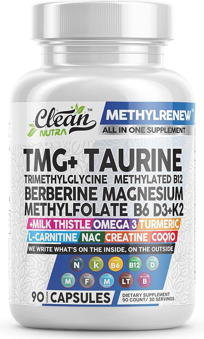 Clean Nutra TMG Taurine Supplement B6 Vitamins, B12, D3 D3 K2, K2, Berberine, 3 Turmeric COQ10 & 90 Ct