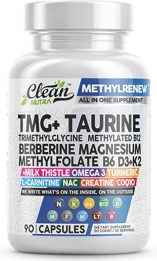 Clean Nutra TMG Taurine Supplement B6 Vitamins, B12, D3 D3 K2, K2, Berberine, 3 Turmeric COQ10 & 90 Ct