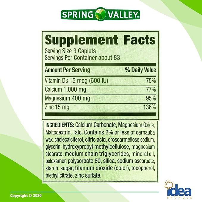 Spring Valley Calcium, Magnesium and Zinc D3 Coated 250 Ct (2 Items)