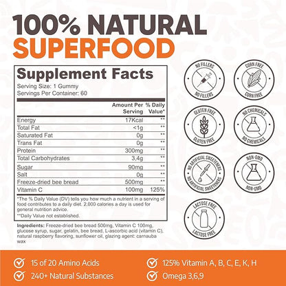 Bee Bread Gummies - Fermented Bee Pollen & Honey, 100% Natural Multivitamin, Superfood for Energy, Metabolism, Sleep, Recovery, Immunity | Rich in Vitamin C, B, Amino Acids, Antioxidants, Minerals