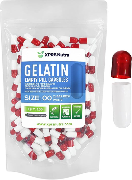 XPRS Nutra Size 00 Empty Capsules - 100 Count Empty Gelatin Capsules - Empty Pill Capsules - DIY Capsule Filling - Fillable Pill Capsules Empty Gel Caps (Clear Red/White)