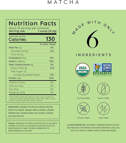 Truvani Vegan Pea Protein Powder | Matcha | 20g Organic Plant Based Protein | 20 Servings | Keto | Gluten & Dairy Free | Low Carb | No Added Sugar